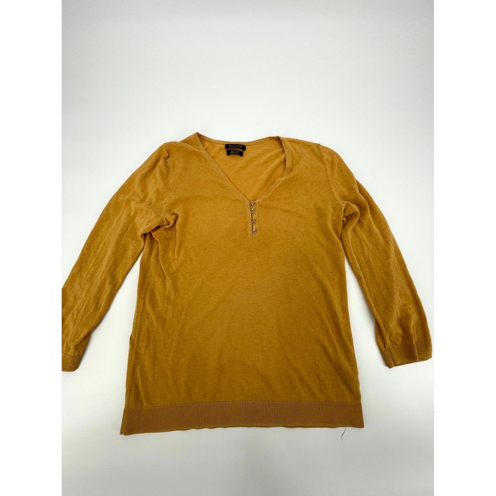 Massimo Dutti Henley Sweater Womens XS Yellow Cotton Knit Ribbed Trim V Neck